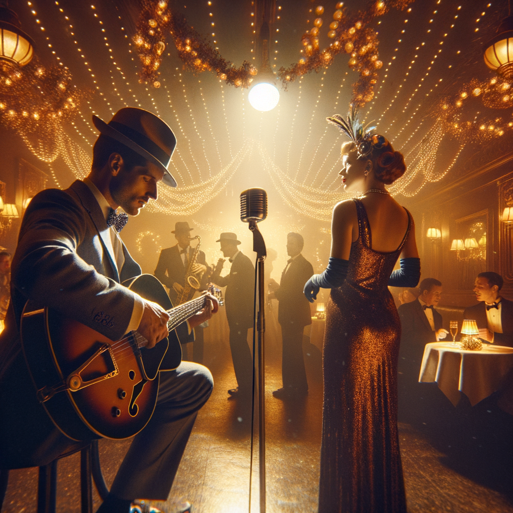 In einem schummrigen Jazzclub der 30er Jahre, dekoriert mit funkelnden Lichtern und goldenen Girlanden, steht ein Duo auf der Bühne. Ein Gitarrist mit Fedora-Hut und elegantem Anzug begleitet eine Sängerin in einem glamourösen Abendkleid. Die warmen Klänge der Gitarre und die rauchige Stimme der Sängerin füllen den Raum. Im Hintergrund tanzen Paare im Stil der Swing-Ära, während der Klang von "Let It Snow" die Luft erfüllt und die Zuhörer in eine nostalgische Jazz-Weihnacht entführt.