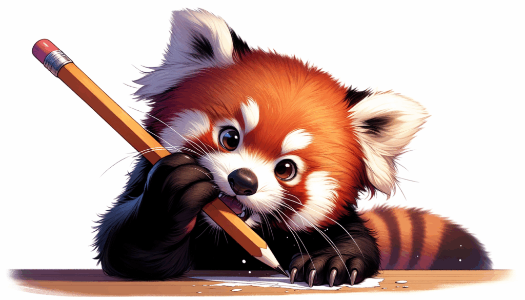 Ein roter Panda, der auf einem Bleistift rumkaut.